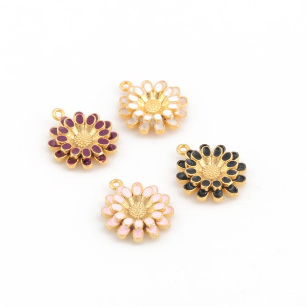 24k Gold Plated Enamel Daisy Pendant, Gold Plated Flower Charms, Enamel Daisy Jewelry, Gold Plated Daisy Earrings, 15x17mm, 1Pcs, AL-153