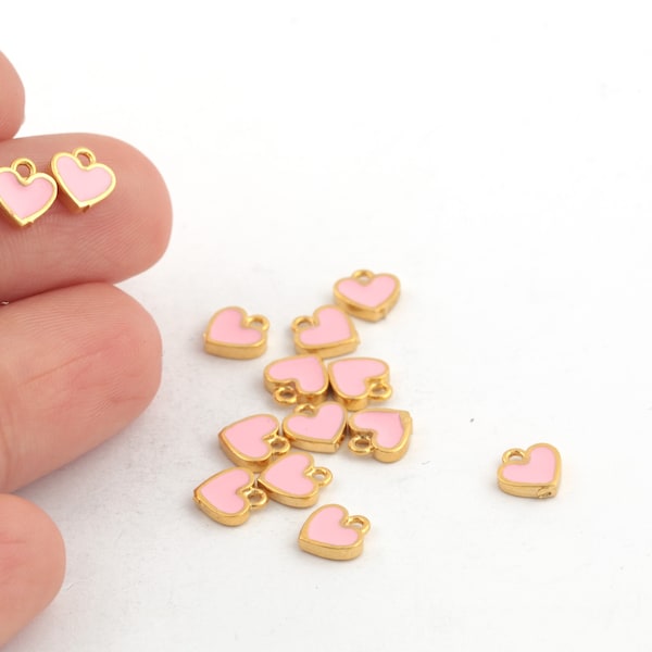 24k Gold Plated Enamel Heart Pendant, Colored Tiny Heart Charm, Enamel Heart Jewelry, Gold Plated Love Necklace, 6mm, 2Pcs, AL-651