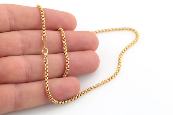 24k Gold Plated Box Necklace Chain, Rolo Link Chain, Round Linked