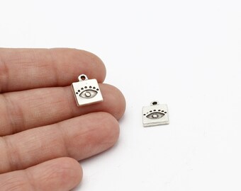 Antique Silver Square Pendant, Evil Eye Pendant, Square Charms, Evil Eye Necklace, Antique Square Jewelry, 9x13mm, 1Pcs, AN-56