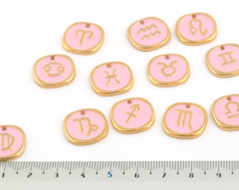 24k Gold Plated Zodiac Sign Charms, Zodiac Sign Pendant, Astrology Charms, Horoscope Jewelry, Colored Zodiac Pendant, 17mm, 1Pcs, AL-799
