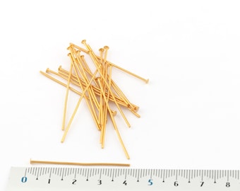 Alfileres de cabeza plana chapados en oro de 24 k (0,80 x 40 mm), alfileres de ojo de latón, agujas para cuentas, alfiler con cabeza, alfileres de punta plana chapados en oro, fabricación de joyas, 12 unidades, AL-40