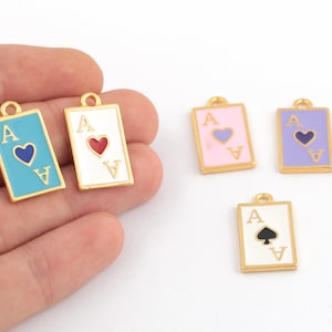 Ciondolo per carte da gioco placcato oro 24k, ciondolo per carte da gioco smaltato, gioielli da poker, fascino per carte da gioco asso di cuore, 13x23mm, 1 pezzo, AL-154