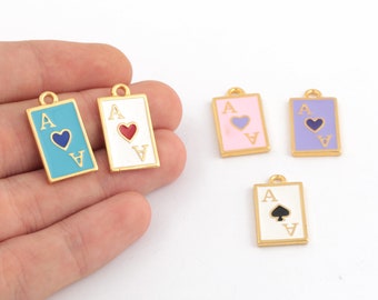 24k Gold Plated Playing Card Charm, Enamel  Playing Card Pendant, Poker Jewelry, Play Card Ace of Heart Charm, 13x23mm, 1Pcs, AL-154