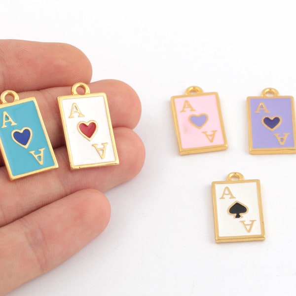 24k Gold Plated Playing Card Charm, Enamel  Playing Card Pendant, Poker Jewelry, Play Card Ace of Heart Charm, 13x23mm, 1Pcs, AL-154