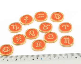 24k Gold Plated Zodiac Sign Charms, Zodiac Sign Pendant, Astrology Charms, Horoscope Jewelry, Colored Zodiac Pendant, 17mm, 1Pcs, AL-801