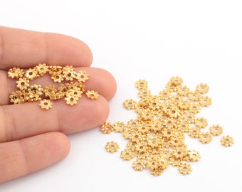 24k glänsande guldpläterade blompärlor, runda distanspärlor, guldpläterade distanspärlor, små blompärlor, smyckestillverkning, 5 mm, 25 st, AL-68