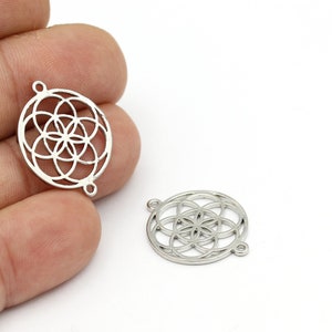 Rhodium Plated Flower of Life Pendant, Flower Bracelet, Two Hole Round Bracelet Charm, Rhodium Plated Flower Jewelry, 20x25mm, 1Pcs, SL-390