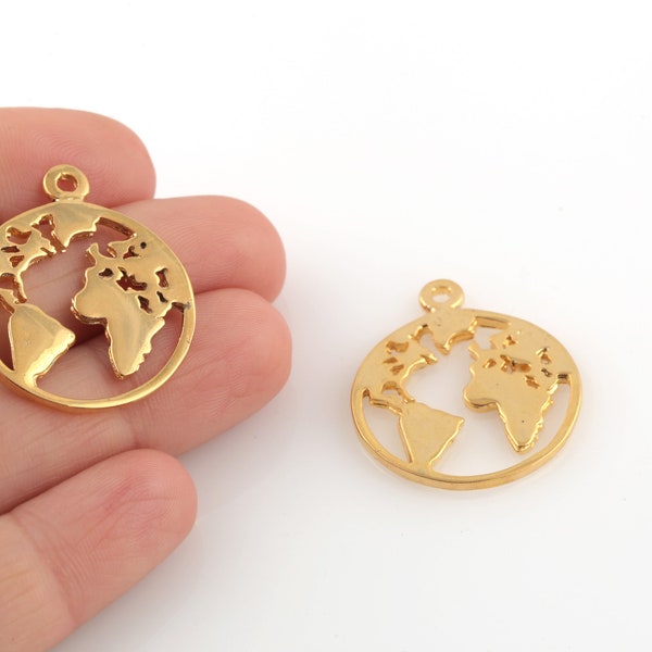 24k Gold Plated World Traveller Jewelry, Earth Globe Pendant, Gold Plated World Map Charms, World Medallion, 25x29mm, 1Pcs, AL-900
