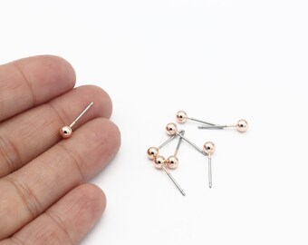 10 Pcs 4mm Rose Gold Plated Ball Earrings, Stainless Steel Earrings, Ball Stud Earrings, Earring Post, Earrings Findings,  CP-112