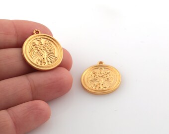 Matt Gold Plated Angel Medallion, Angel Pendant, Matt Gold Plated Angel Necklace, Angel Coins, Religious Jewelry, 19x22mm, 1Pcs, MT-30
