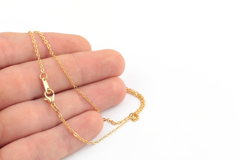 May include: A gold chain necklace with a lobster clasp closure.