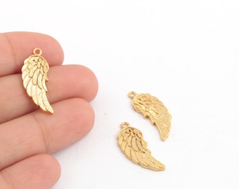 24k glänsande guldpläterad vingberlock, litet vingehänge, guldpläterade vingörhängen, minivingesmycken, smyckestillverkning, 9 x 24 mm, 1 st, AL-429
