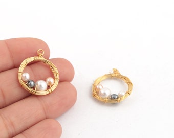24k Shiny Gold Plated Synthetic Pearl Pendant, Synthetic Pearl Earrings, Wire Winding Pearl Pendant, Pearl Jewelry, 19x23mm, 1 Pcs, AL-444