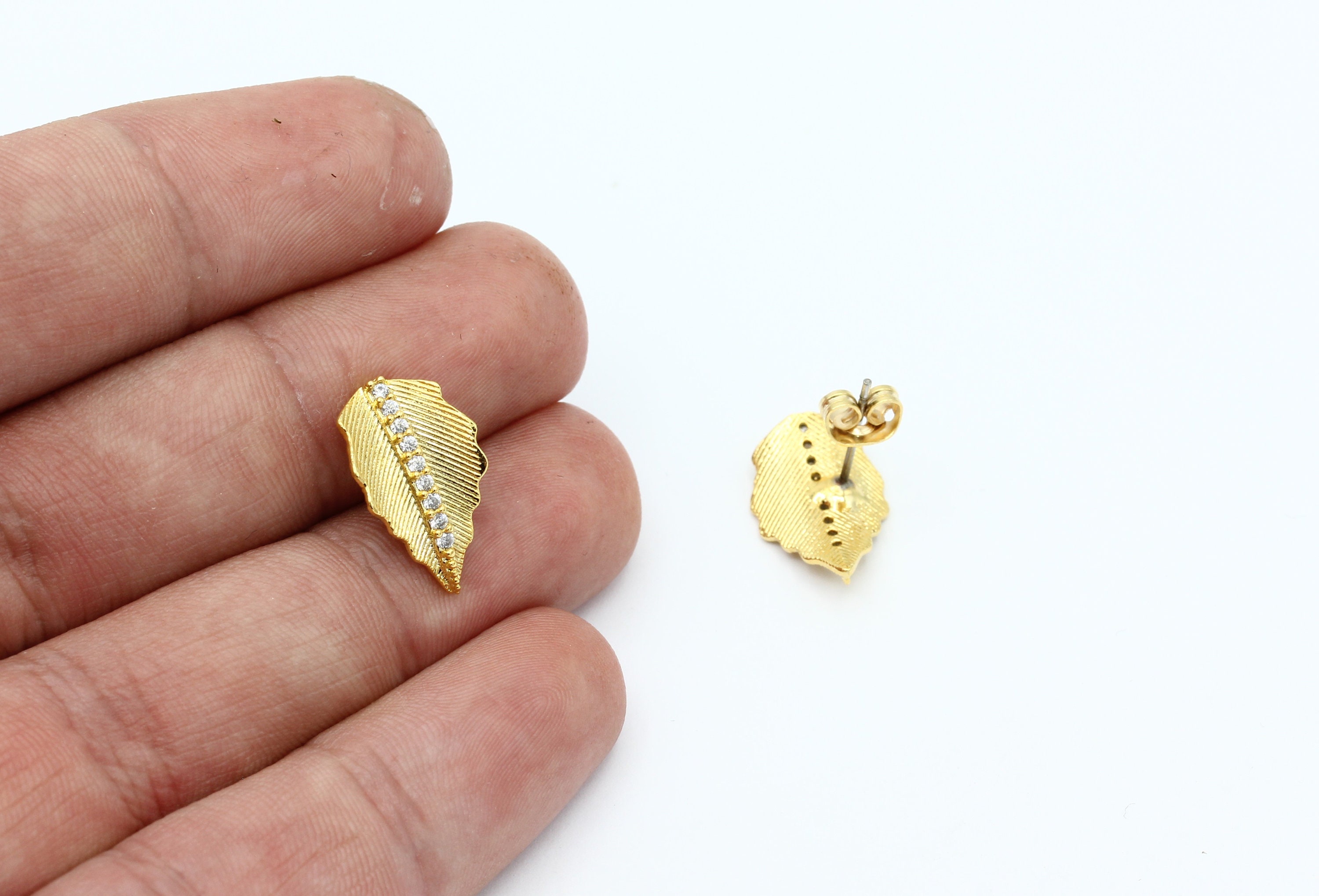 24k Gold Plated CZ Leaf Earrings, Leaf Earrings, Leaf Stud Earrings, Stud Earrings, Herb Earring, Earrings Findings, 1 Pair, 10x17mm, CP-195