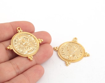 24k Gold Plated Greek Medallion, Ancient Coins, Gold Plated Greek Pendant, Antique Money Jewelry, Jewelry Making, 34mm, 1Pcs, AL-427