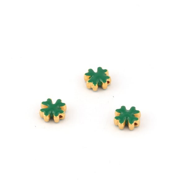 24k Gold Plated Enamel Clover Beads, Four Leaf Beads, Daisy Bracelet Beads, Tiny Clover Spacer Beads, Bracelet Findings, 10mm, 1Pcs, AL-824