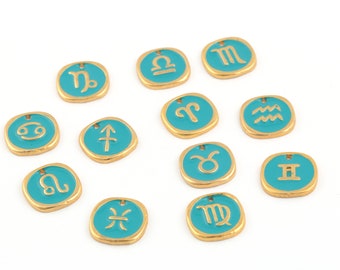 24k Gold Plated Zodiac Sign Charms, Zodiac Sign Pendant, Astrology Charms, Horoscope Jewelry, Colored Zodiac Pendant, 17mm, 1Pcs, AL-798