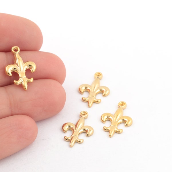 24k Shiny Gold Plated Fleur de Lis Coin Charms, Fleur De Lis Pendant, Gold Plated Fleur Earrings, Flower Jewelry, 12x18mm, 5Pcs, AL-382