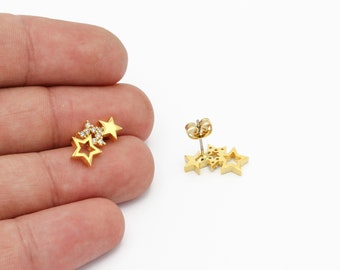 2PCS- Tiny CZ Star Stud Earrings, NP-2498, Nickel Free Gold Plated