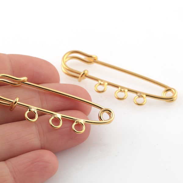 24k Gold Plated Safety Pin Pendant, Safety Pin Charms, Safety Pin Jewelry, Safety Pin Connector, 3 Hole Safety Pin Earrings, 1Pcs, AL-1107