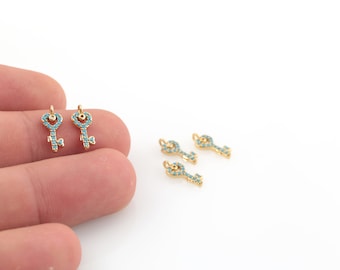 24k Gold Plated Plated Key Pendant, CZ Tiny Key Charms, Cubic Zirconia Key Jewelry, Micro Pave Key Necklace, Necklace Findings, 1 Pcs, ZR-29