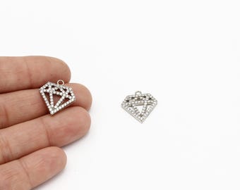 Rhodium Plated Diamond Shape Pendant, Micro Pave Diamond Charms, Cubic Zirconia Jewelry,  Necklace Findings, 16x18mm, 1 Pcs, ZR-5