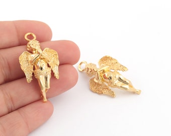 24k Gold Plated Angel Charm, Angel Pendant, Gold Plated Angel Necklace, Angel Charm, Gold Angel Jewelry, 21x43mm, 1Pcs, AL-304