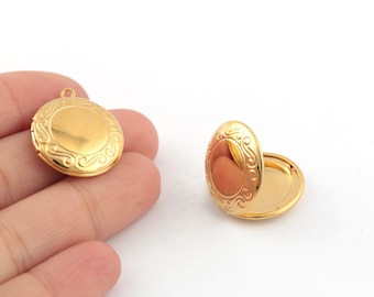 24k Shiny Gold Plated Round Locket Charms, Necklace Photo Locket, Locket Medallion, Patterned Locket Jewelry, 20x24mm, 1 Pcs, AL-645