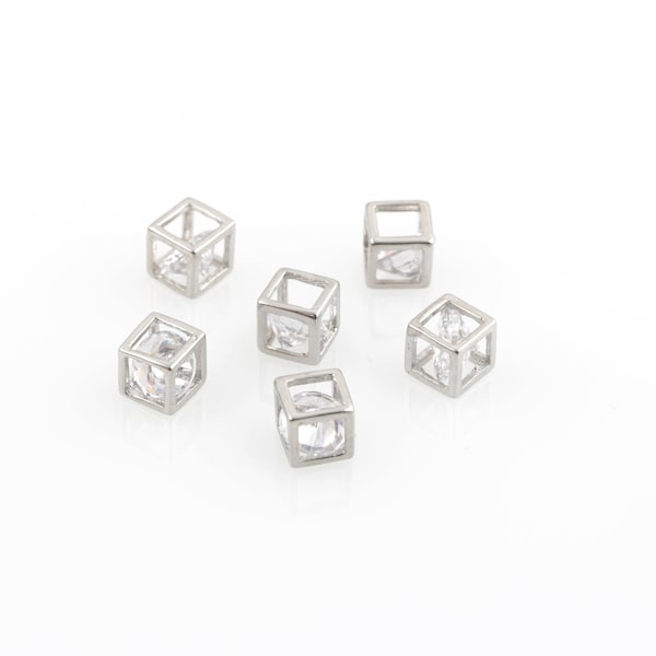 5mm Rhodium Plated Cubic Cube Pendant, CZ Cube Charms, Zircon Square Pendant, Micro Pave Square Connector, Necklace Findings, 2 Pcs, ZR-6