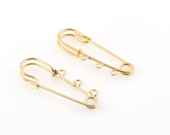 24k Gold Plated Safety Pin Pendant, Safety Pin Charms, Safety Pin Jewelry, Safety Pin Connector, 3 Hole Safety Pin Earrings, 1Pcs, AL-966