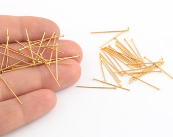 0.60x20mm 24k Gold Plated Flat Head Pins, Brass Eye Pins, Bead Needle, Head Pin, Gold Plated Flat End Pins, Jewelry Making, 12 Pcs,  AL-52