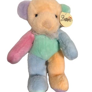Vintage 30 cm Bestever Spring Mist Pastell Patchwork Björn Plysch Presentetiketter Samlarobjekt