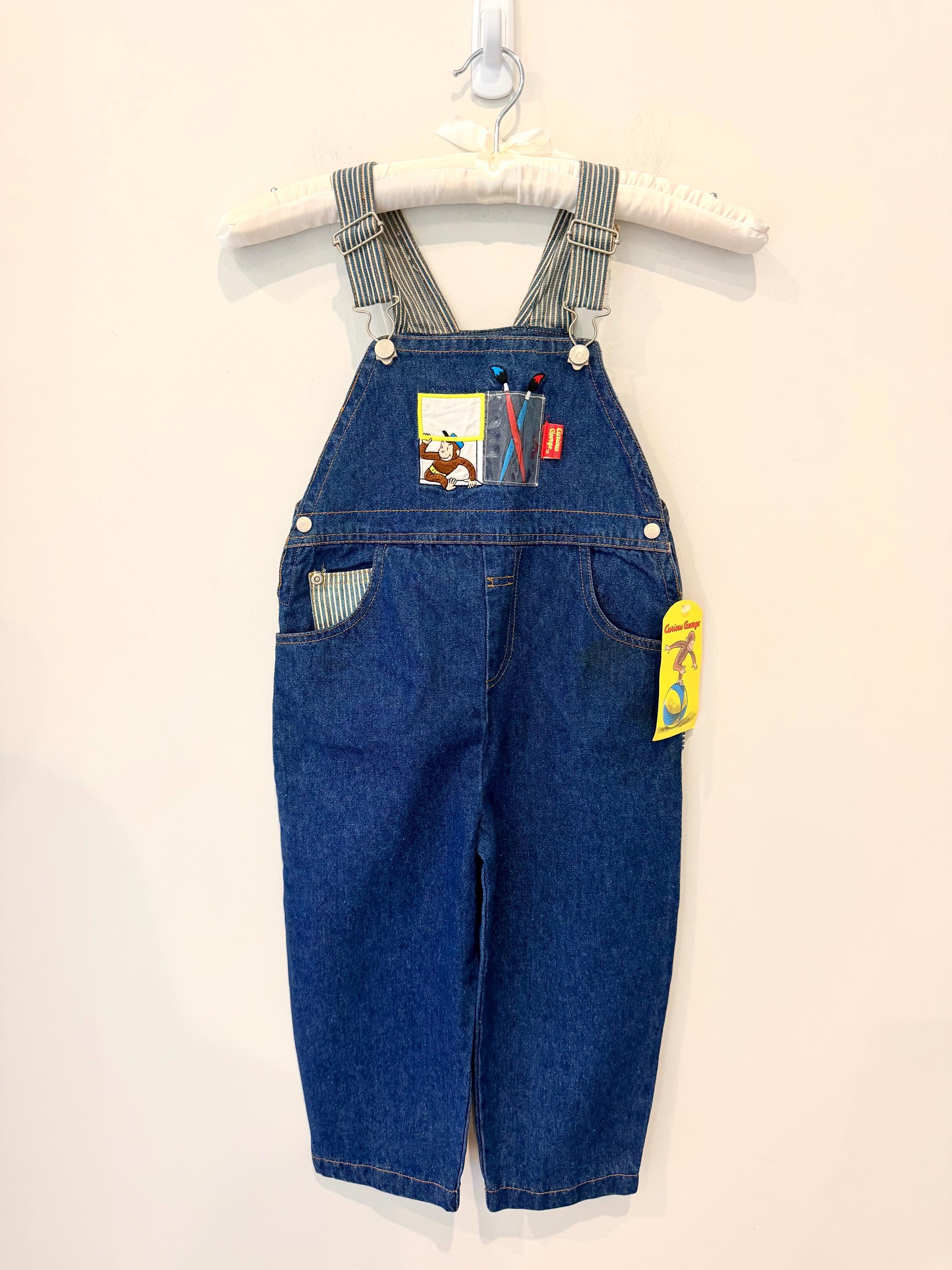 We Play Kids Curious George Denim Overalls 3T (1998) - Train Conductor Graphic Bib