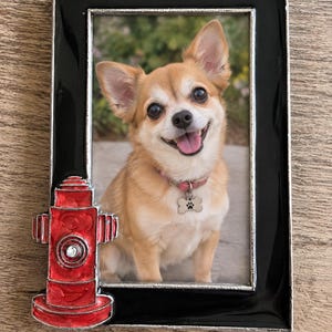 May include: A rectangular picture frame with a glossy black border and a metallic silver edge. Attached to the lower left corner is a bright red, three-dimensional fire hydrant ornament featuring a small, clear, circular rhinestone accent.