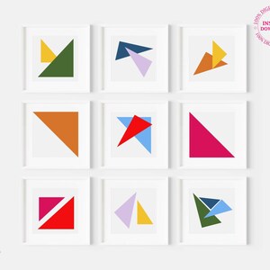Mixed Triangles Wall Decor Set Digital Printable Art Set of Nine Square Prints Instant Download Geometric Kids Modern Art