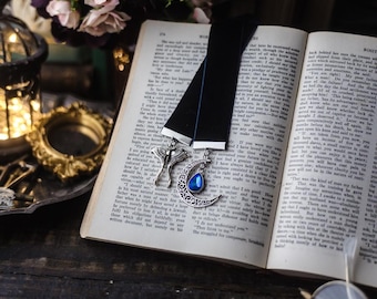 Luna Moth Bookmark: Dark Blue Velvet Ribbon, Celestial Reader Gift