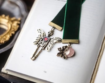 Whimsigoth Dark Green Velvet Ribbon Bookmark: Skeleton with Wings Butterfly and Moon Charm