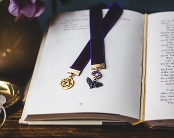 Witchy Velvet Ribbon Bookmark: Pentagram & Moth, Gothic Reader Gift