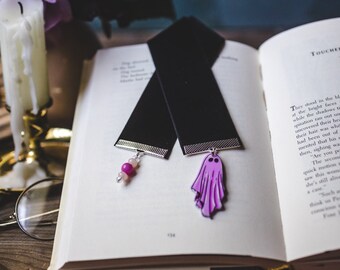 Ghost Bookmark, Black Velvet Ribbon Bookmark, Pink Ghost Bookmark, Horror Bookmark, Bookmark, Spooky Bookmark, Reader Gift