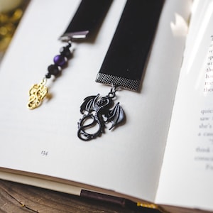 Tairn and Andarna, Black Velvet Ribbon Bookmark, Bookish Gift, Booklover Gift, Velvet Bookmark, Charmed Bookmark, Fourth Wing, Dragons image 4