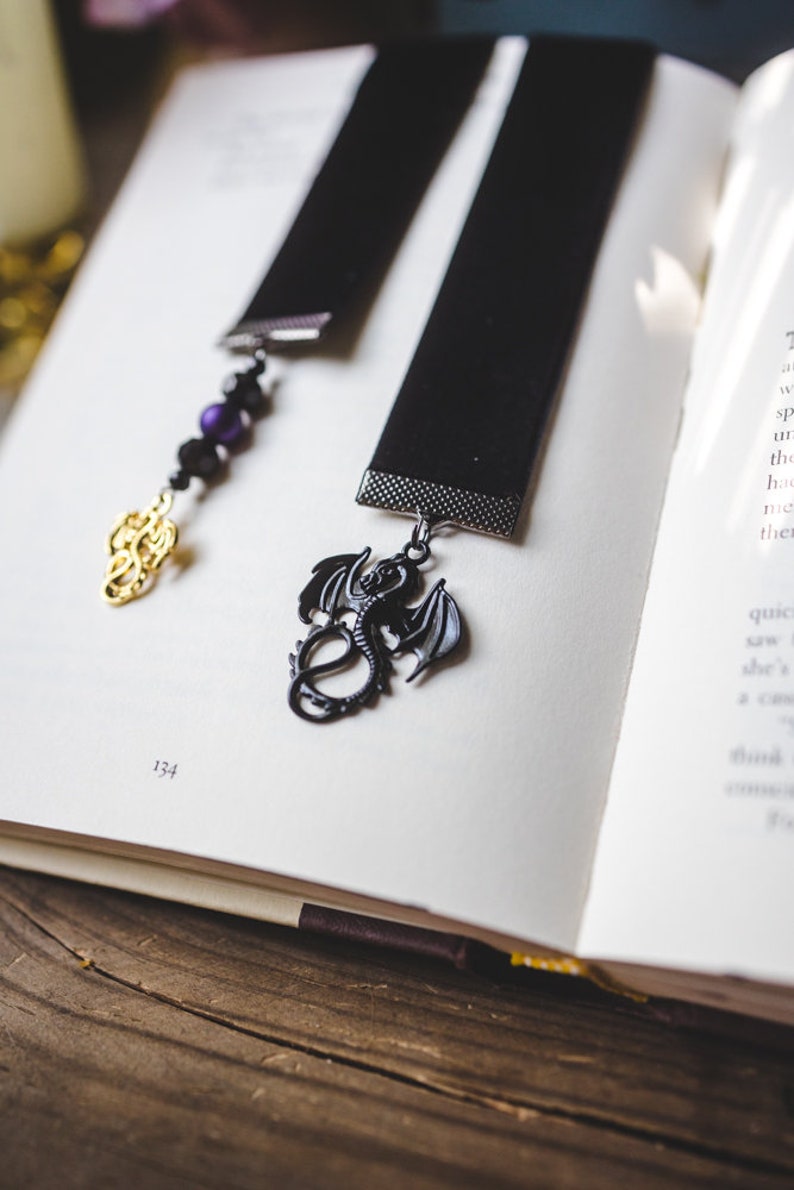 Tairn and Andarna, Black Velvet Ribbon Bookmark, Bookish Gift, Booklover Gift, Velvet Bookmark, Charmed Bookmark, Fourth Wing, Dragons image 4