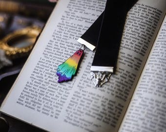 Rainbow Ghost Bookmark: Black Velvet Ribbon with Bat Charm
