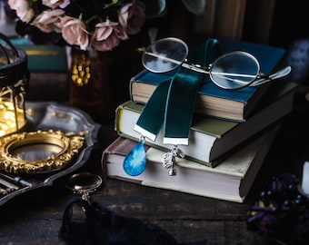 Twilight Inspired Hunter Green Velvet Bookmark: Forest Vampire Teeth and Apple Charms