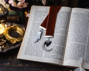 Ghost Bookmark: Copper Velvet Ribbon, Spooky Book Lover Gift