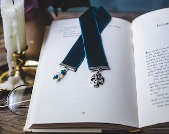 Skull Bookmark: Dark Teal Velvet Ribbon, Gothic Reader Gift