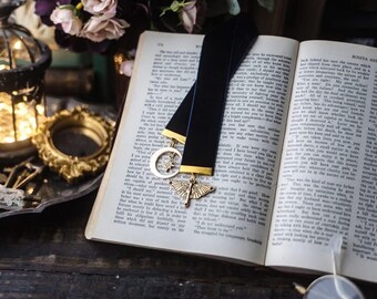 Luna Moth Bookmark: Dark Blue Velvet Ribbon, Celestial Reader Gift