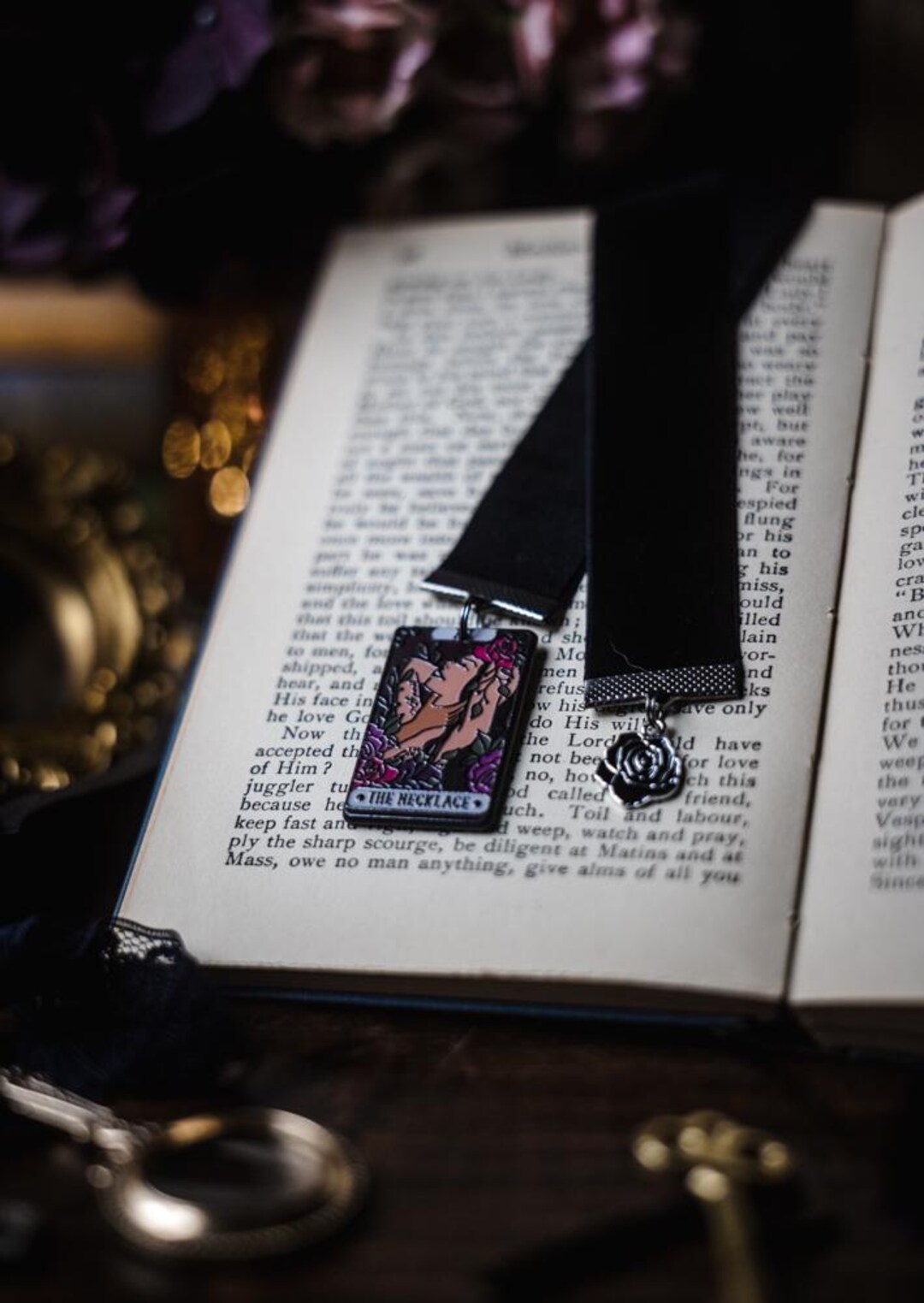 The Necklace Tarot Card Bookmark: Black Velvet Ribbon With Flower Charm ...