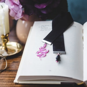 Snake Bookmark, Black Velvet Ribbon Bookmark, Ribbon Bookmark, Witchy Bookmark, Bookmark, Book Accessory,Reader Gift, Spooky Bookmark