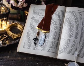 Ghost Bookmark: Copper Velvet Ribbon, Spooky Book Lover Gift